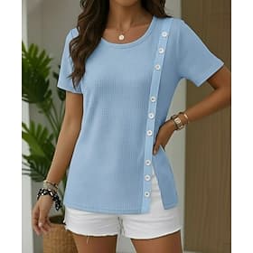 Women's Waffle T-shirt Patchwork Buttons Stylish Classic Short Sleeve Crew Neck Round Neck Regular Tops Casual Daily Going out Blue Light Green Purple Spring