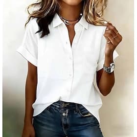 Women's Shirt Plain Elegant Vintage Daily Short Sleeve Long Tops Casual Daily Office Blue Black White Yellow Pink Summer Spring