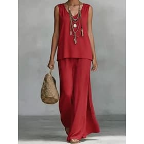 Women's Pants Sets Sleeveless V Neck Bohemia Casual Daily Ivory white Red Navy Blue Spring Summer Loose Fit