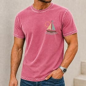 Men's Sailboat Acid Wash Shirt Heavyweight T-shirt Short Sleeve T shirt DTG Crew Neck Shirt Hawaiian Daily Holiday Blue Pink Orange Spring Summer Clothing App