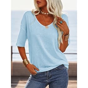 Women's T Shirt Plain Bohemia Hawaiian Casual Short Sleeve V Neck Long Tops Casual Daily Beach Blue White Yellow Summer Spring
