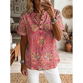 Women's Shirt Tunic Graphic Paisley Elegant Fashion Daily Short Sleeve V Neck Regular Tops Casual Daily Blue Pink Orange Summer Spring