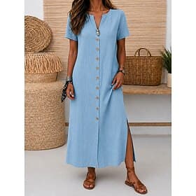 Women's Maxi Dress Linen Dresses Vintage Daily Regular Fit Plain Short Sleeve V Neck Red Light Blue Summer