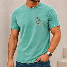 Men's Tropical Coconut Palm Acid Wash Shirt Heavyweight T-shirt Short Sleeve T shirt DTG Crew Neck Shirt Hawaiian Daily Holiday Blue Pink Orange Spring Summer
