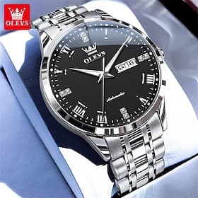 OLEVS Men's Automatic Mechanical Watch, Luxury Stainless Steel Business Dress Watch for Men, Self Winding Wristwatch with Day Date, Waterproof Luminous Diamond
