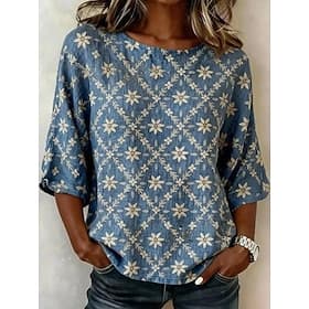 Damen Bluse Druck Blumen Grafik Bohemien Vintage Tropisch Dreiviertelarm Rundhalsausschnitt Normale Oberteile Lässig Täglich Urlaubskleidung Blau Hellgrün Dunk
