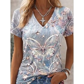 Damen T Shirt Farbblock Druck Grafik Tiermotiv Abstrakt Vintage Stilvoll Klassisch Kurzarm V Ausschnitt Normale Oberteile Lässig Täglich Wochenende Silber Viol