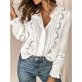 Women's Blouse Buttons Plain Fashion Stylish Casual Long Sleeve Stand Collar Regular Tops Casual Daily Going out White Summer Spring
