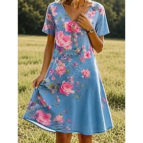 Women's Knee Length Dress T Shirt Dress Tee Dress A Line Dress Vacation Casual Boho Beach Regular Fit Floral Graphic Short Sleeve V Neck Blue Green Summer Spri