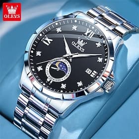 OLEVS Men's Luxury Watch Moon Phase Silver Stainless Steel Quartz Wristwatch Waterproof Luminous Black Dial with Roman Numerals Diamond Markers Business Fashio