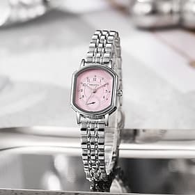 Women's Vintage Octagonal Watch, Silver Stainless Steel Bracelet with Pink Textured Dial, Small Seconds Analog Quartz Wristwatch, Elegant Ladies Dress Watch Fa