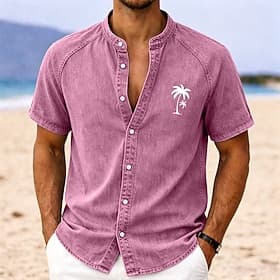 Men's Shirt Casual Shirt Button Up Shirt Garment Dyed Acid Wash Shirt Blue Pink Green khaki Gray Short Sleeve Plain Grandad Collar Casual Daily Front Pocket Cl