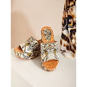 mules à talons hauts en toile léopard vintage