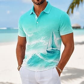 Men's Ship Hawaiian Polo Shirts Short Sleeve Polo Shirts Collared Shirts Casual Resort Athleisure 3D Print Buttons Breathable Mesh Spring Summer Blue Blue 1 B