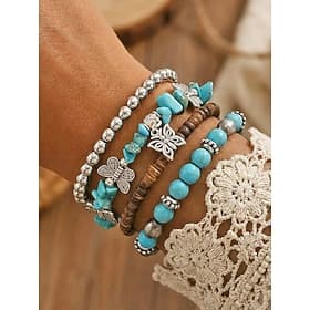 Ensemble de bracelets bohèmes turquoise pour femme - bracelets empilables à plusieurs rangs de perles avec breloque papillon Accessoires en alliage pour les va