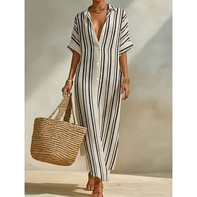 Femmes Robe maxi Robe fourreau Vacances Occasionnel Extérieur Sortir Coupe régulière Rayure Manche 3/4 Col Rabattu Bleu Bleu marine Noir Orange Été Printemps
