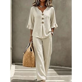 Women's Pants Sets Half Sleeve V Neck Solid Color Fashion Streetwear Casual Daily Outdoor Blue Black White Spring Summer Loose Fit