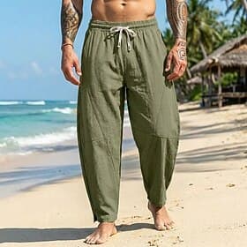 Men's Linen Pants Summer Pants Harem Pants Drawstring Elastic Waist Plain Comfort Breathable Full Length Casual Daily Outdoor Vacation Fashion Black White Inel