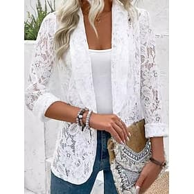 Women's Shirt Jacket Casual Jacket Lace Jacket Lightweight Lace Open Front Elegant Embroidery Casual Weekend Open Front Regular Shawl Collar Regular Fit Long S