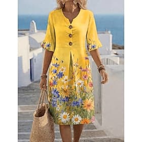 Women's Knee Length Dress Sundress Casual Dress A Line Dress Elegant Vacation Stylish Beach Holiday Regular Fit Floral Graphic Short Sleeve V Neck Blue Yellow
