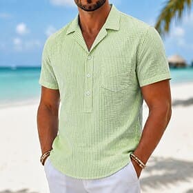 Men Shirt Casual Shirt Seersucker Shirt Button Up Shirt Light Green Pink Blue Green Short Sleeve Striped Collar Shirt Collar Casual Daily Buttons Clothing Appa