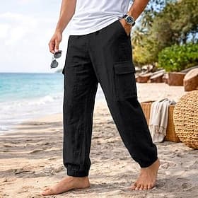 Hombre Pantalones de lino Pantalones Pantalones de verano Multi bolsillo Puño elástico Plano Comodidad Transpirable Longitud total Casual Diario Playa Vacacion