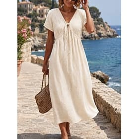 Women's Midi Dress Casual Dress A Line Dress Summer Dress Basic Classic Daily Vacation Loose Fit Plain Short Sleeve V Neck Light Yellow Navy Blue Summer Spring