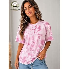 Women's 100% Cotton T Shirt Graphic Tie Dye Vintage Metallic Classic Short Sleeve Crew Neck Regular Tops Casual Daily Weekend Pink Summer Spring