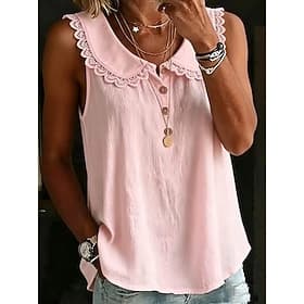 Damen Oberteil mit Spitzenspleiß Knöpfe Einfarbig Vintage Ärmellos Umlegekragen Normale Oberteile Hellgelb Weiß Rosa Himmelblau Grün Sommer Frühling