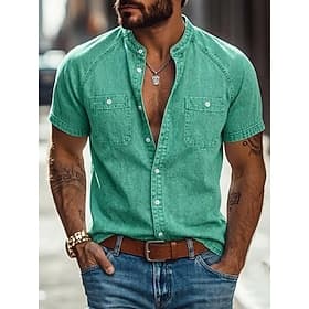 Men Shirt Casual Shirt Faded Shirt Garment Dyed Cotton Acid Wash Shirt Blue Black Light Green Pink Purple Short Sleeve Plain Grandad Collar Mandarin Collar Cas