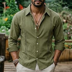 Men Shirt Linen Shirt Guayabera Shirt Summer Shirt Beach Shirt Solid Color Casual Vacation Blue Black White Navy Blue Long Sleeve Lapel Spring Summer Summer C