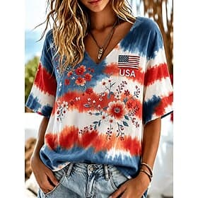 Women's T Shirt Print Floral Graphic Vintage Stylish Classic Short Sleeve V Neck Regular Tops Casual Daily Weekend Red Summer Spring