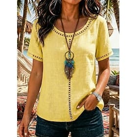 Women's Blouse Lace Tops Lace Hollow Out Solid Color Elegant Vacation Short Sleeve Crew Neck Long Tops Casual Daily Beach Blue White Yellow Pink Green Summer S