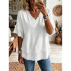 Women's Blouse Ruffle Solid Color Fashion Daily Stylish Short Sleeve V Neck Regular Tops Casual Daily Blue White Yellow Pink Summer Spring