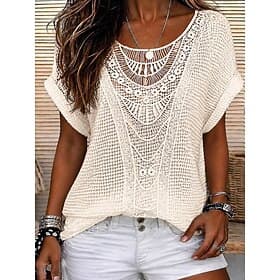 Women's Elegant Eyelet Top Lace Splicing Top Patchwork Elegant Bohemia Vintage Short Sleeve Crew Neck Long Tops Casual Daily Going out Blue Pink Red Orange Bei