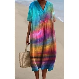 Women's Midi Dress Sundress A Line Dress Vacation Casual Beach Going out Loose Fit Ombre Graphic Abstract Short Sleeve V Neck Pink Purple Rainbow Summer Spring