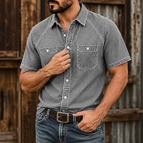 SoftFade™ Men's Shirt Casual Shirt Acid Wash Shirt Garment Dyed Black Light Green Blue Purple Green Short Sleeve Plain Shirt Collar Casual Daily Clothing Appar