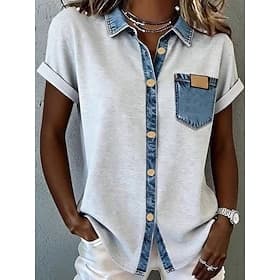Femmes Chemisier Avec Poches Boutons Couleur Unie Bloc de Couleur Élégant Occasionnel Manche Courte Col de chemise Hauts Réguliers Occasionnel Quotidien Bleu J
