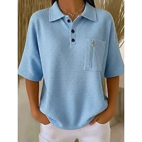Damen Waffel T-Shirt T Shirt Poloshirts Waffelstricktops Tasche Einfach Mode Stilvoll Klassisch Kurzarm Polokragen Normale Oberteile Lässig Täglich Strand Blau