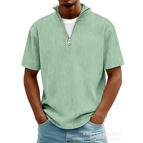 Men's Textured Waffle Knit Polo Shirt Casual Daily Quarter Zip Short Sleeve Fashion Plain Zipper Spring Summer Summer Spring Regular Fit Blue Green Dark Blue