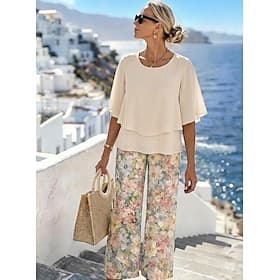 Damen Hosen-Sets Kurzarm Halbarm Schmetterling Rundhals Blumen Grafik Elegant Urlaub Lässig Täglich Orange Grün Beige Frühling Sommer Normale Passform Lässige