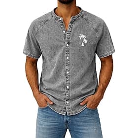 Men's Shirt Casual Shirt Button Up Shirt Garment Dyed Acid Wash Shirt Light Green Pink khaki Gray Light Blue Short Sleeve Plain Grandad Collar Casual Daily Clo