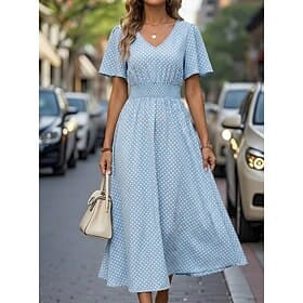 Women's Midi Dress Casual Dress Print Dress Elegant Fashion Modern Outdoor Vacation Going out Regular Fit Polka Dot Short Sleeve V Neck Blue Pink Red Green Sum