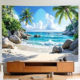 Tropischer Strand-Wandteppich, Meereswellen, Palmen, Küstenlandschaft – ideal für Schlafzimmer, Wohnzimmer oder Studentenwohnheim