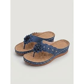 Women's Blue Comfort Wedge Sandals – Floral Slide Sandals with Cushioned Sole, Lightweight Supportive Summer Shoes for Travel, Daily Wear Walking