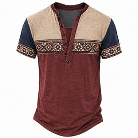 Men's Geometric T Shirt Henley Shirt Tee Short Sleeve Designer Basic Classic Casual Daily Outdoor Spring Summer Summer Spring Light Blue Burgundy Navy Blue Da
