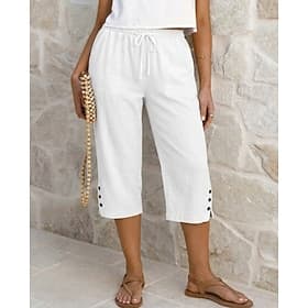 Women's Cotton Linen Shorts Capri Pants Chinos Shorts Vacation Basic Casual Calf-Length Medium Waist Plain Pocket Elastic Waist Comfortable Breathable Inelasti