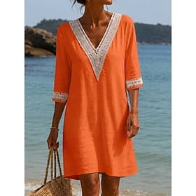 Women's Knee Length Dress Lace Dress White Dress Summer Dress Elegant Fashion Daily Beach Vacation Regular Fit Plain Half Sleeve V Neck Blue Khaki White Orange