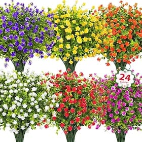 24 bosjes kunstbloemen voor buitendecoratie, nepbloemen, UV-bestendig, kunstmatig plastic groen, eucalyptusplanten voor lente, zomer, tuin, terras, binnen- en