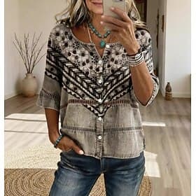 Carnival Women's Shirt Eyelet Top Boho Shirt Lace Shirt Elegant Bohemia Active 3/4 Length Sleeve Crew Neck Long Tops Casual Blue Red Brown Green Summer Spring